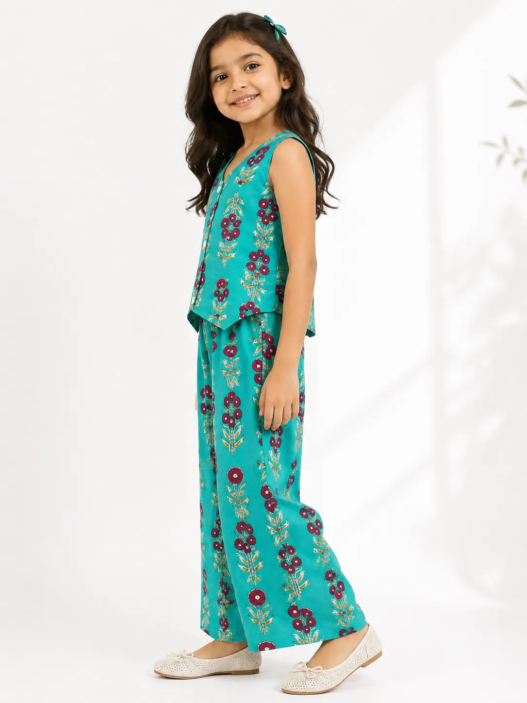 Girls Turquoise Blue Floral Printed Co-ord Set - Sleeveless Waistcoat Top & Wide-Leg Trousers