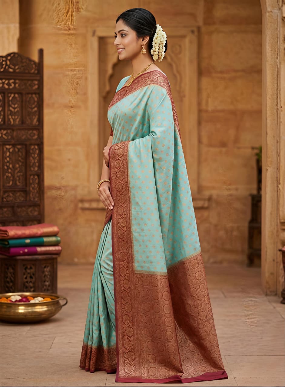 Woven Design Zari Silk Blend Banarasi Saree with Contrast Border
