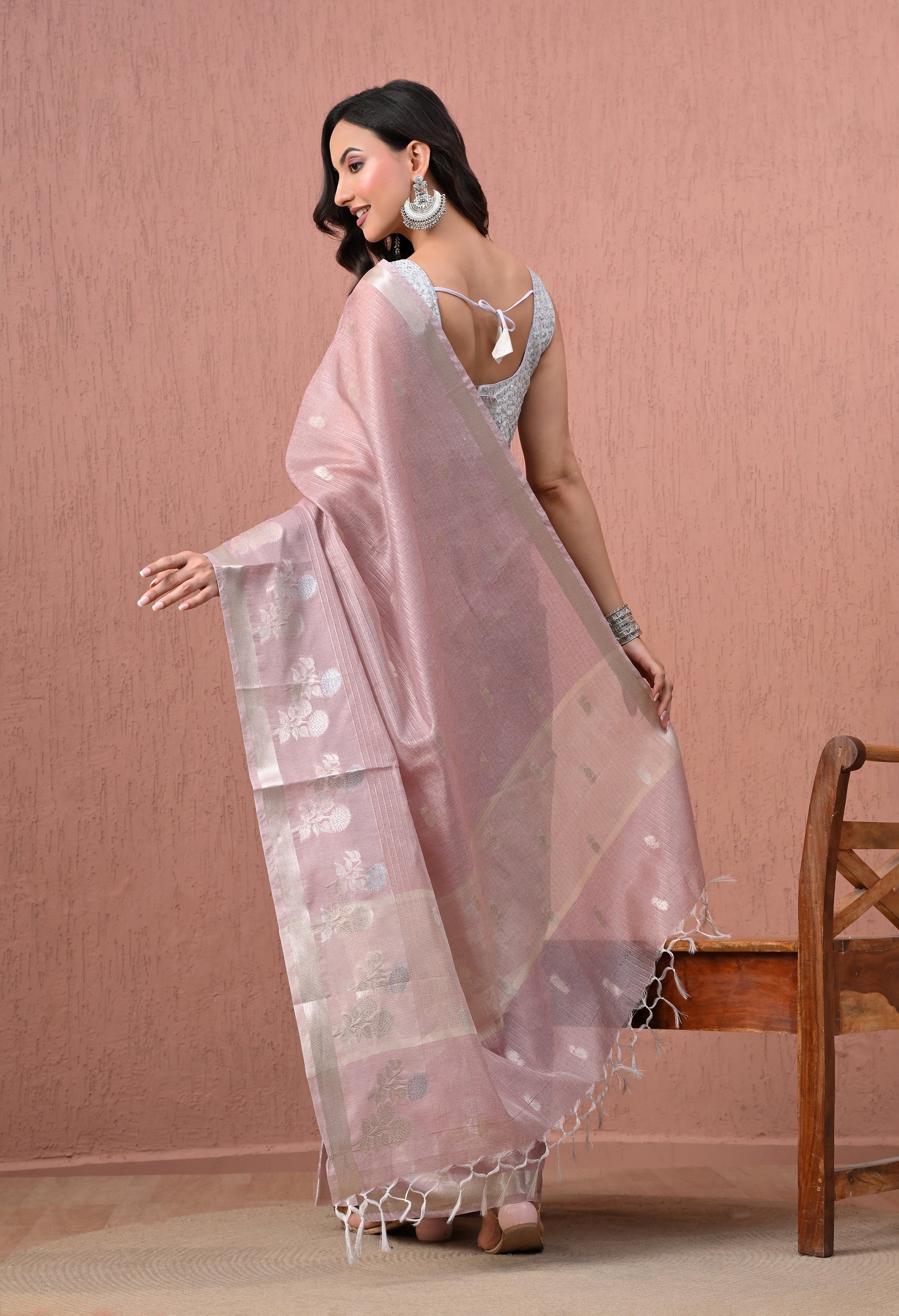 Pure Cotton Saree in Dusty Rose Pink with Silver Zari Floral Motifs