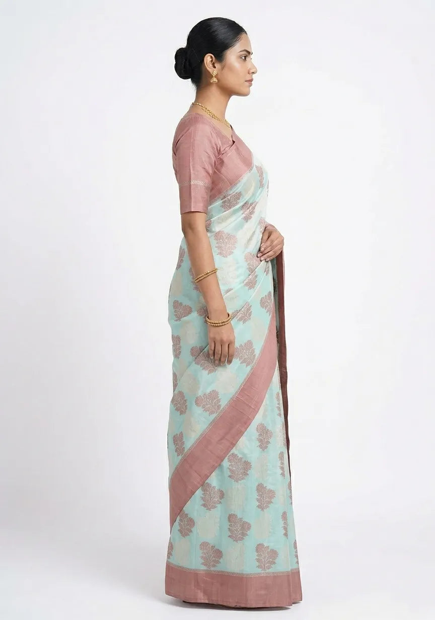 Steel Blue & Silver-Toned Woven Design Banarasi Saree
