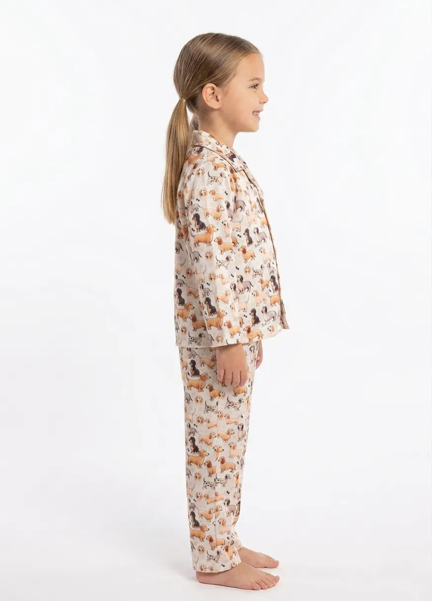 Girls Satin Dog Print Night Suit Set – Cream