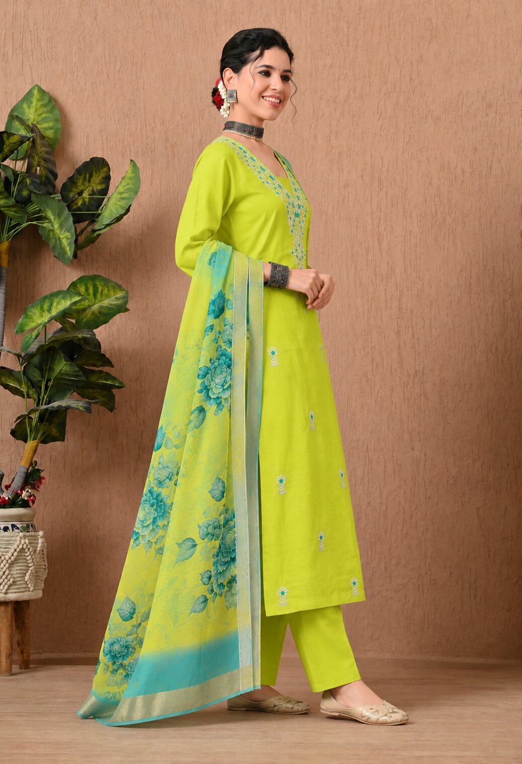 Lime Green Chanderi Silk Embroidered Suit Set with Organza Dupatta