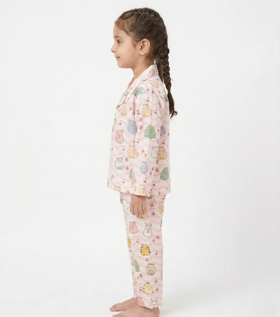 Girls Whimsical Animal & Wave Print Premium Satin Night Suit – Full Sleeve Shirt & Pajama Set