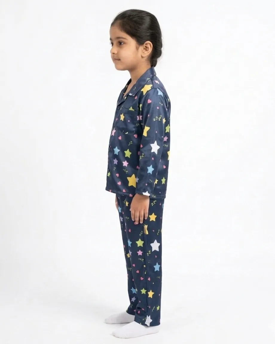 Girls Navy Blue & Multi-Colored Star Print Satin Night Suit