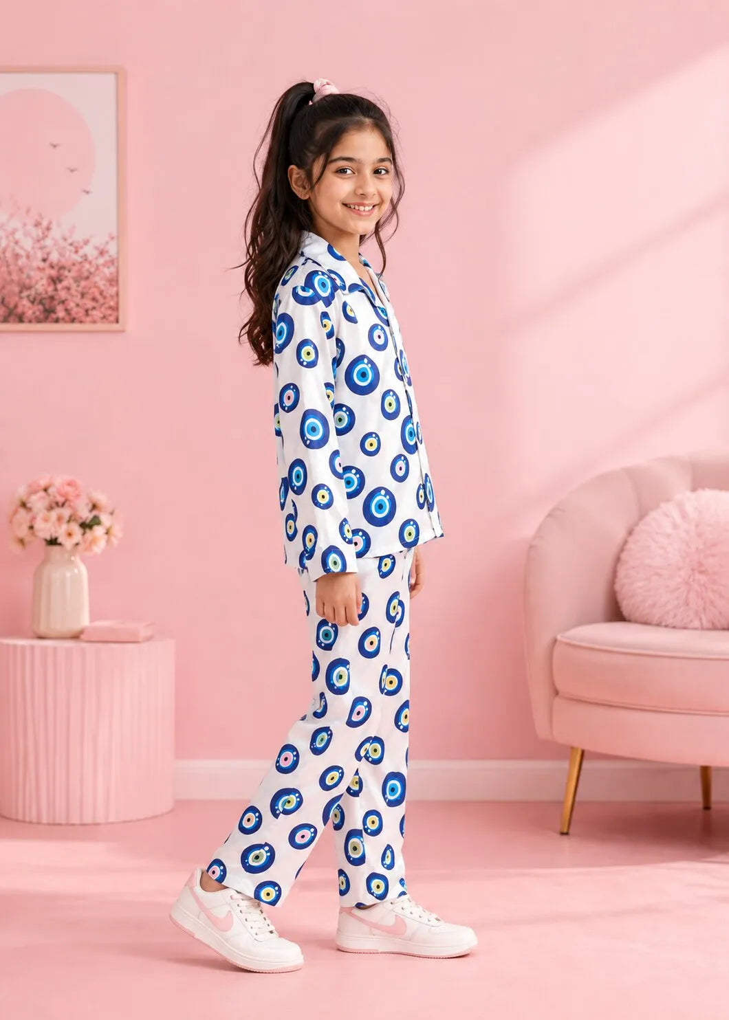 Girls' Evil Eye Printed Premium Satin Night Suit – Full Sleeve Shirt & Pajama Se