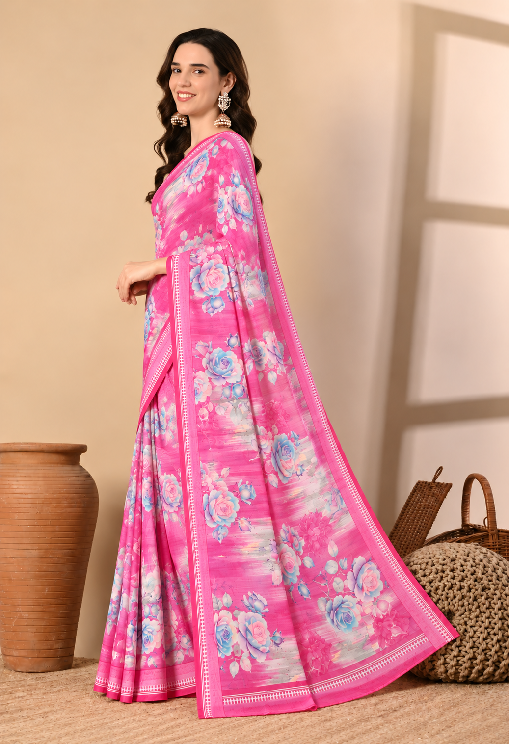 Pink Floral Printed Silk Blend Saree
