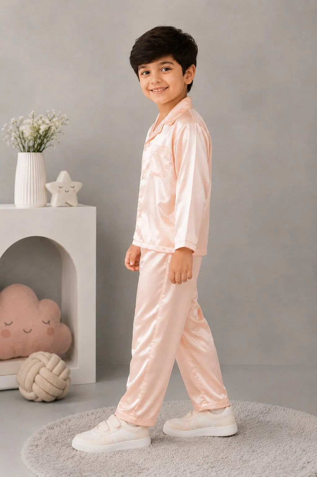 Kids' Peach Solid Satin Night Suit