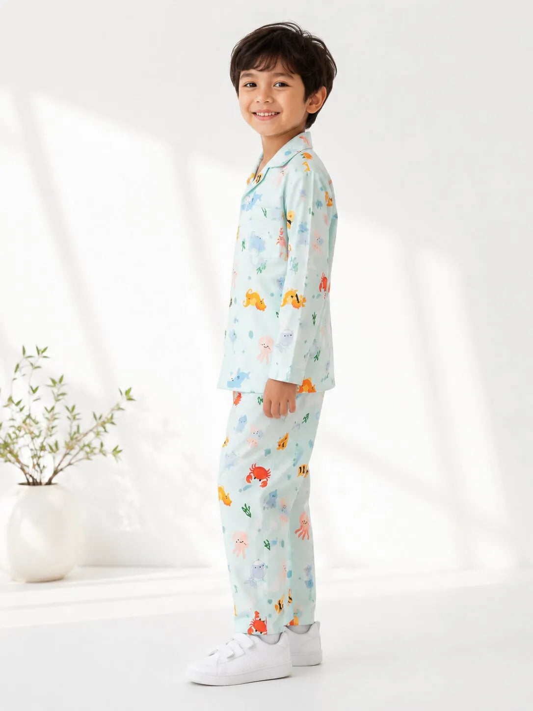 Kids Blue Sea-Life Printed Satin Long-Sleeved Night suit
