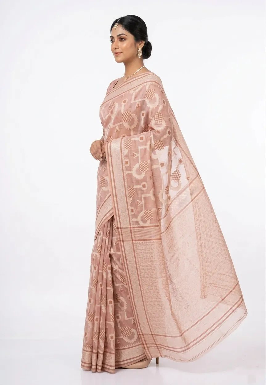 Elegant Rose Gold Woven Design Zari Silk Blend Saree