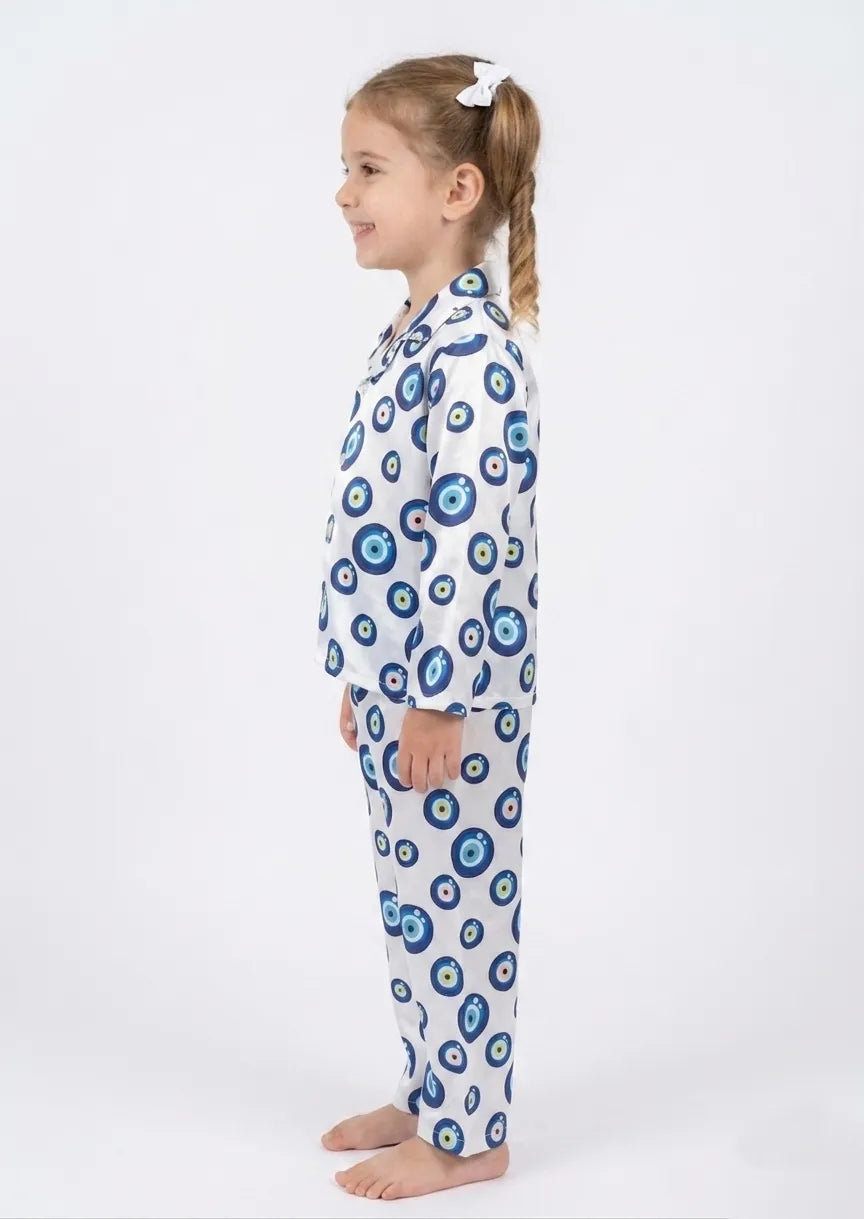 Girls' Evil Eye Printed Premium Satin Night Suit – Full Sleeve Shirt & Pajama Se