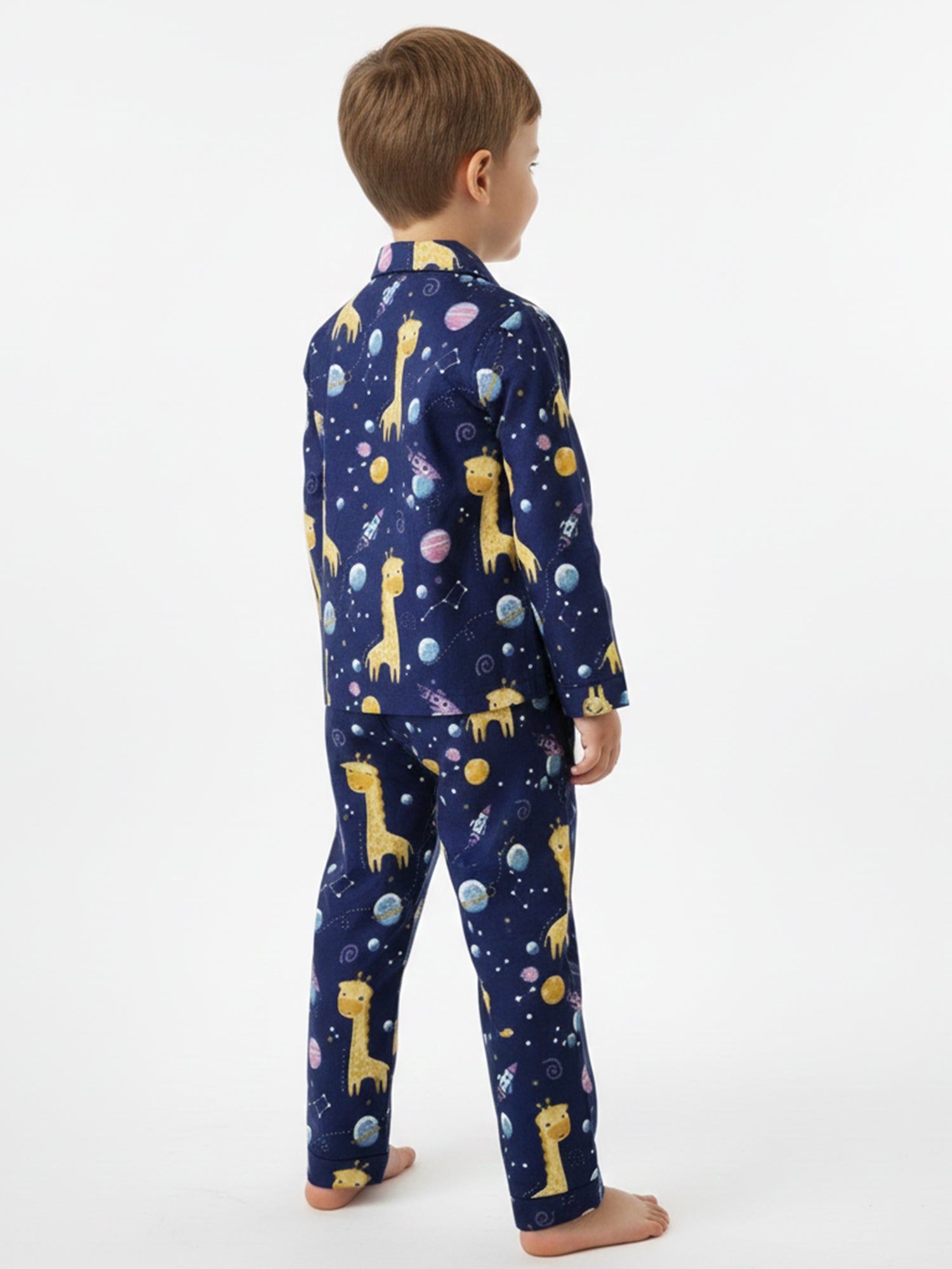 Kids Boys Navy Blue & Yellow Giraffes in Space Printed Night Suit