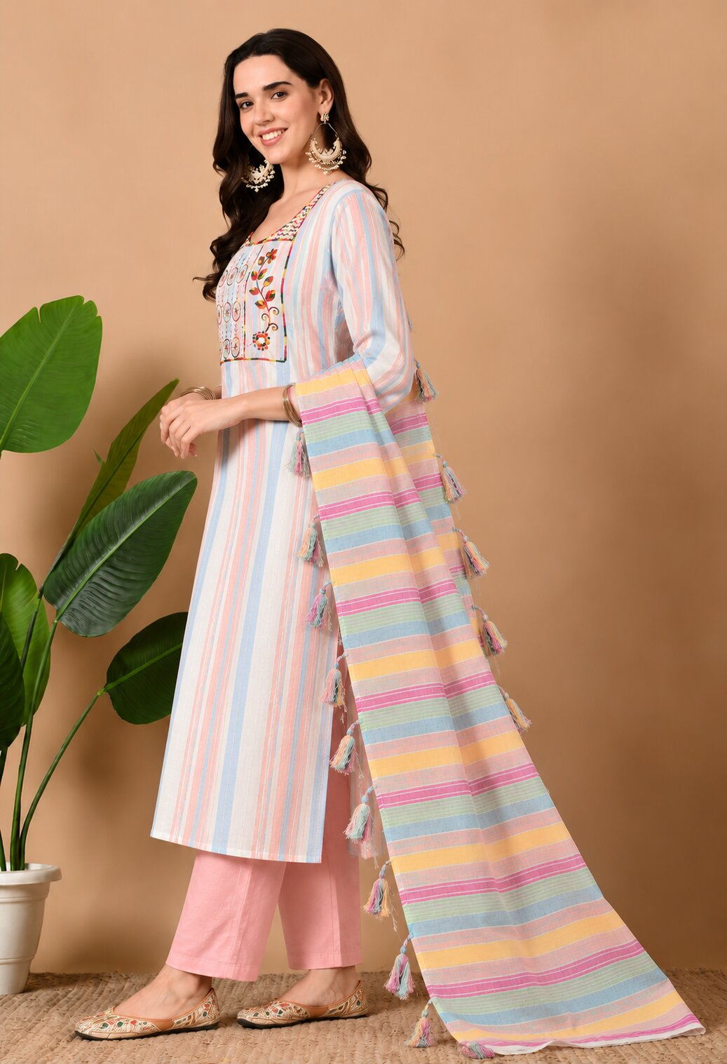 Multicolour Striped Cotton Kurta Set with Pink Pants and Cotton Dupatta for Women
