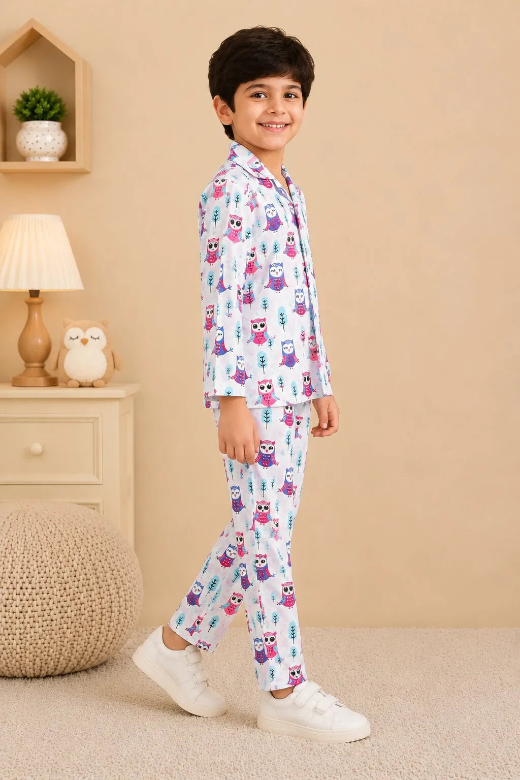 Kids' White & Purple Owl Print Pure Cotton Night Suit