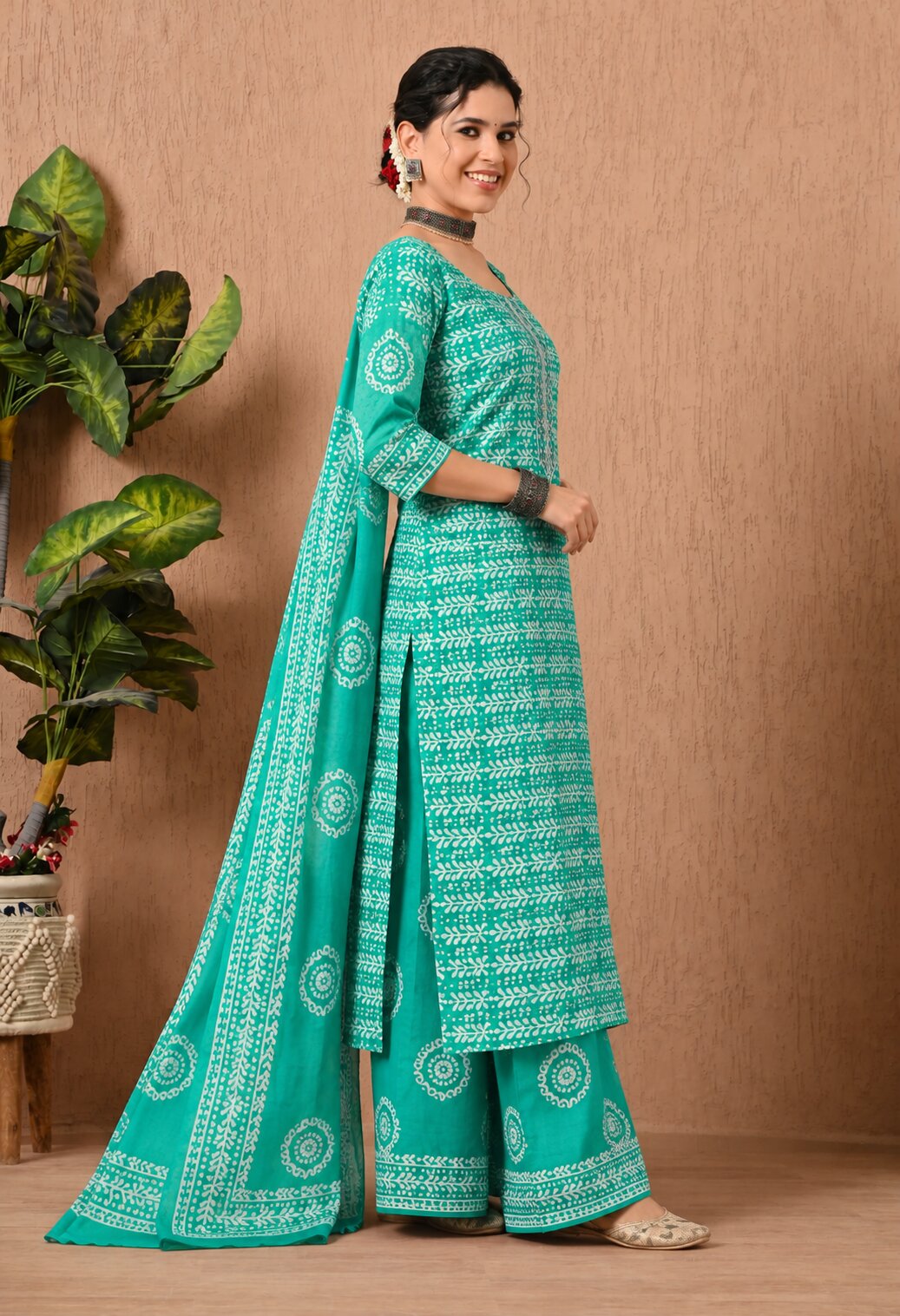 Turquoise Green Cotton Printed Suit Set with Matching Cotton Dupatta