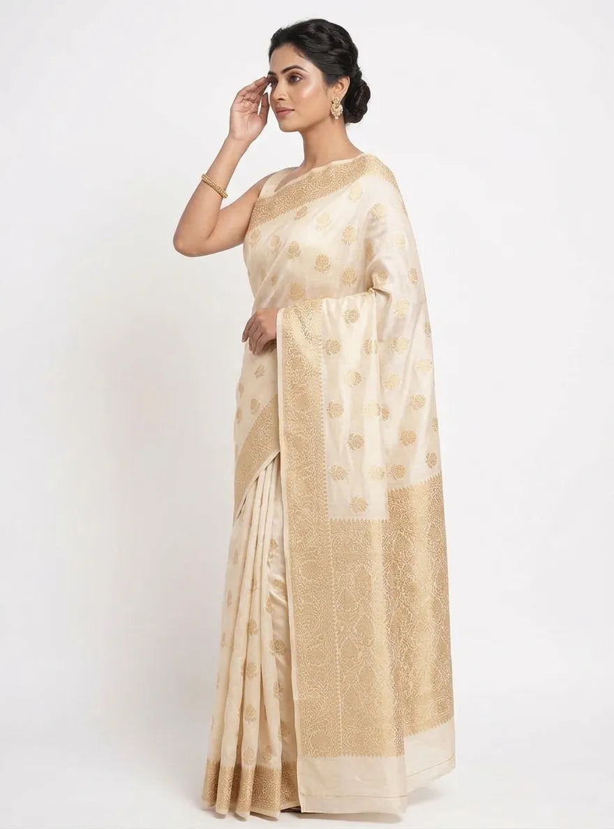 Off-White & Gold-Toned Banarasi Silk Blend Woven Design Saree