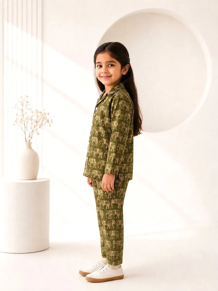 Kids Olive Green & Beige Elephant Print Cotton Lounge Set