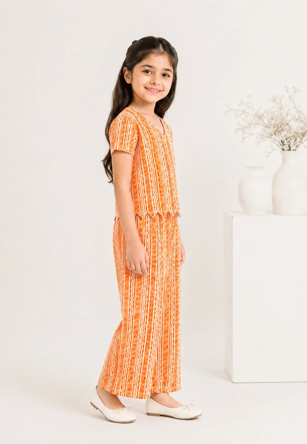 Girls Orange Vertical Printed Co-ord Set  Scallop Hem V-Neck Top & Wide-Leg Trousers