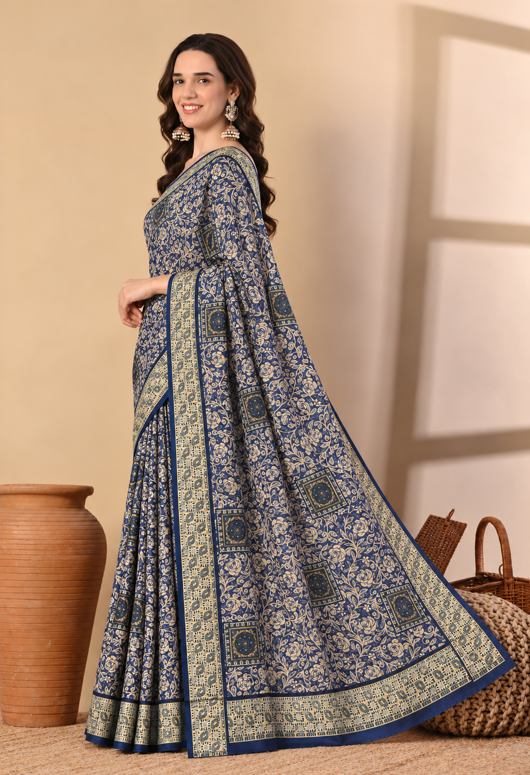 Elegant Navy Blue Chiffon Saree with Intricate Floral Print
