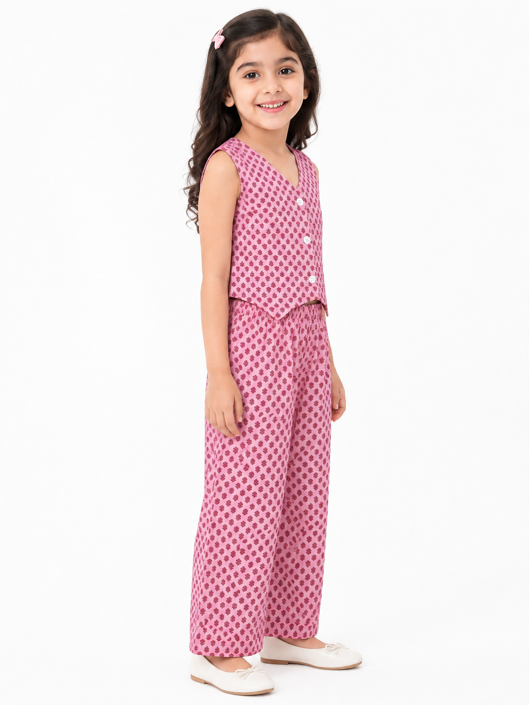 Girls Pure Cotton Tiny Motif Printed Vest Style Crop Top and Wide-Leg Trousers Co-Ord Set