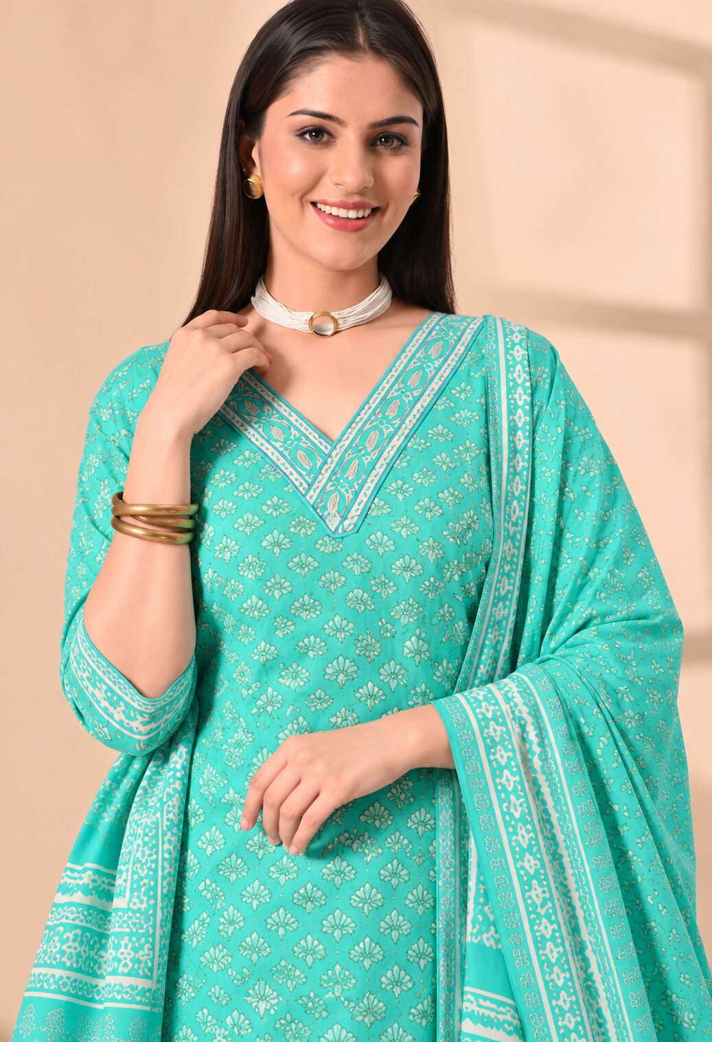 Sea Green Cotton Printed Suit Set with Matching Cotton Dupatta