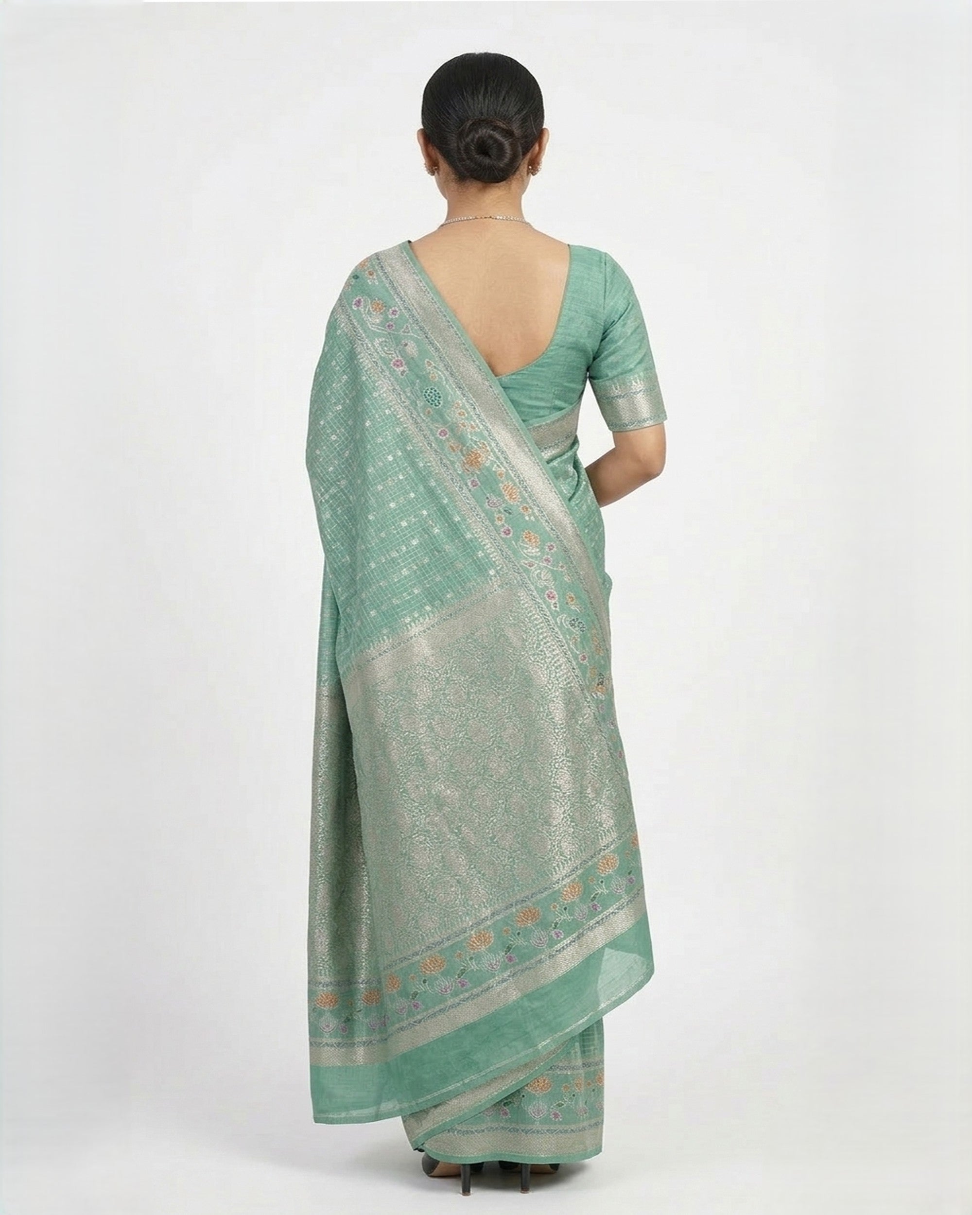 "Sea Green & Silver-Toned Woven Design Zari Silk Blend Banarasi Saree "
