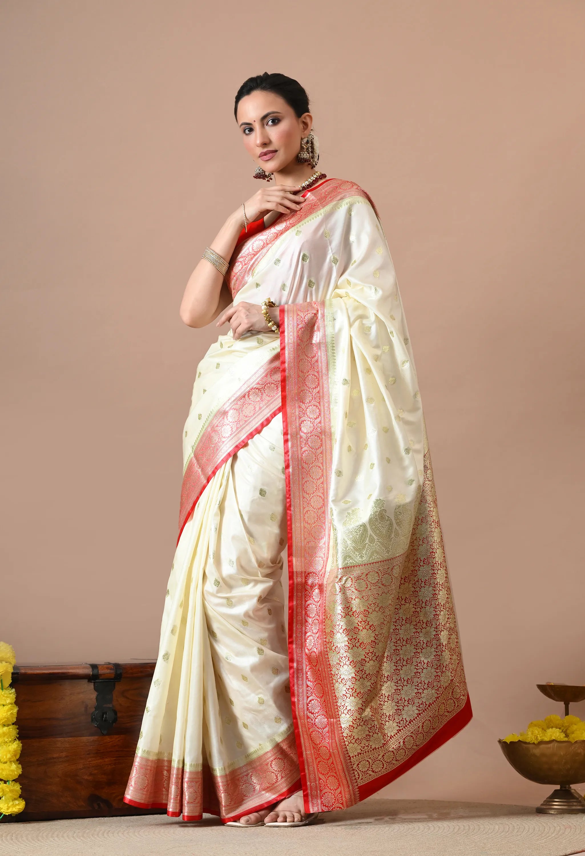 Off-White & Red Silk Blend Banarasi Woven Design Saree