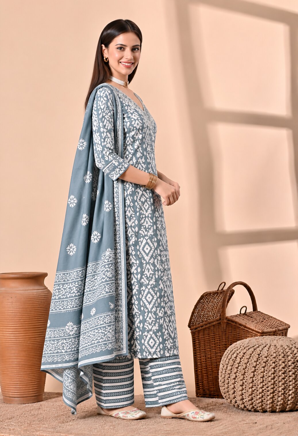 Grey Blue Cotton Printed Suit Set with Matching Cotton Dupatta for Women