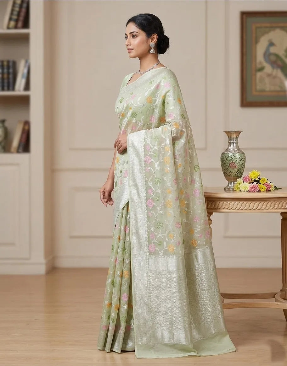 Sea Green Floral Printed Organza Saree with Silver Zari Border