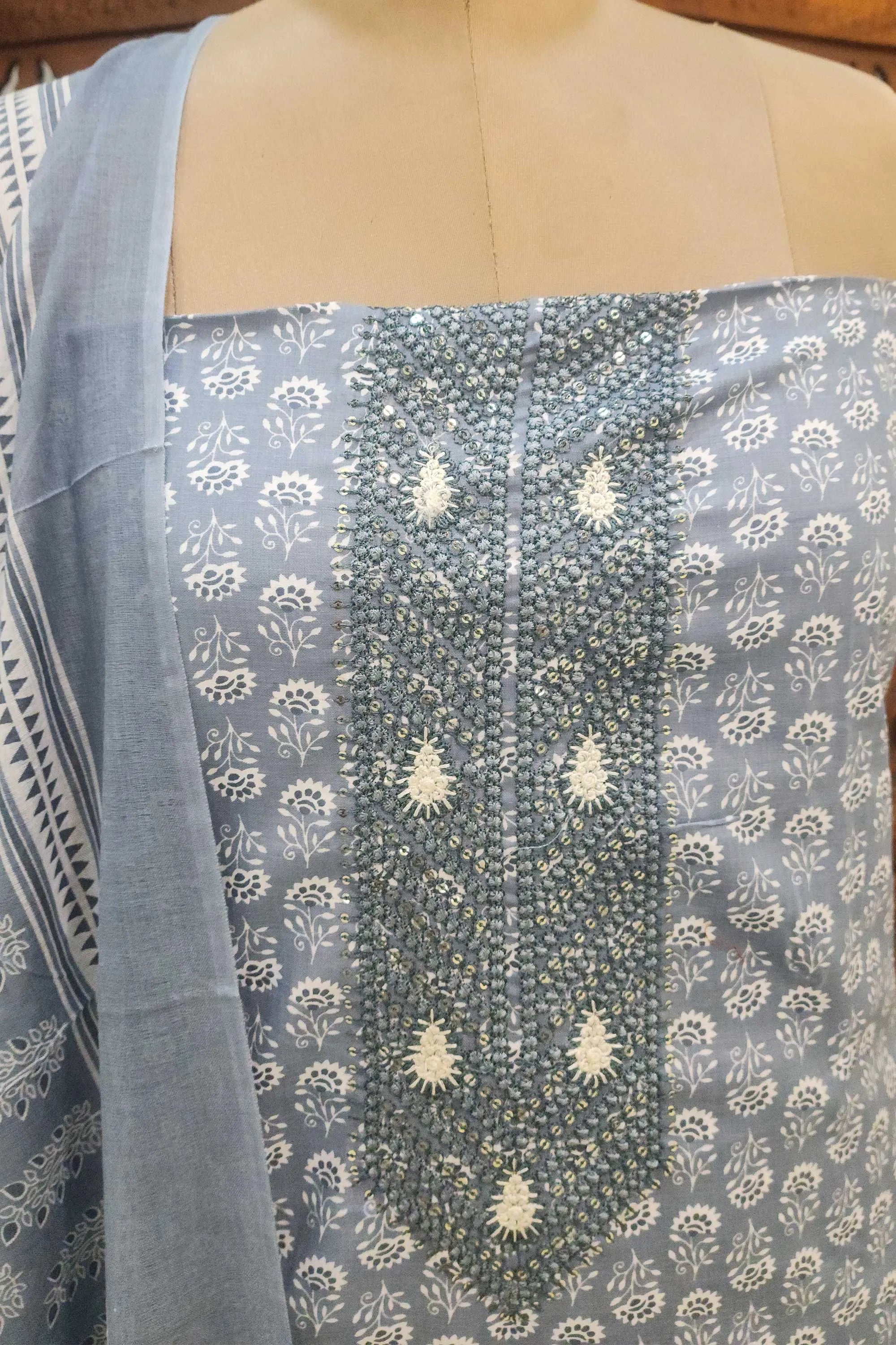 Women Powder Blue & White Floral Printed Unstitched Cotton Dress Material with Embroidered Yoke