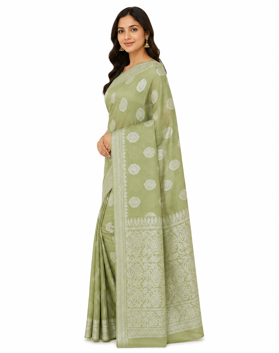 Olive Green & Silver-Toned Polka Dot Woven Design Banarasi Saree with Unstitched Blouse