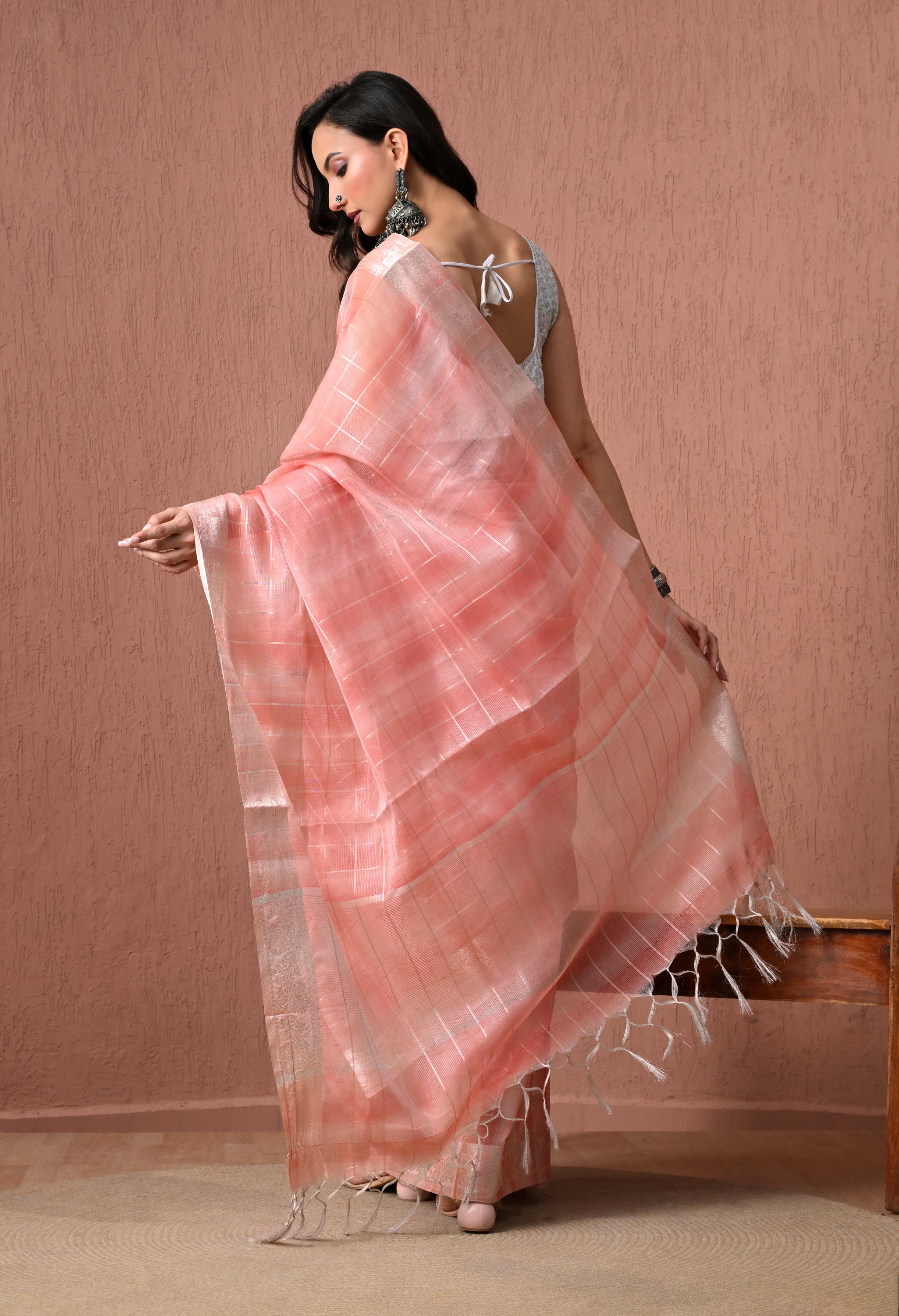 Elegant Peach Pure Cotton Saree with Zari Border and Checks