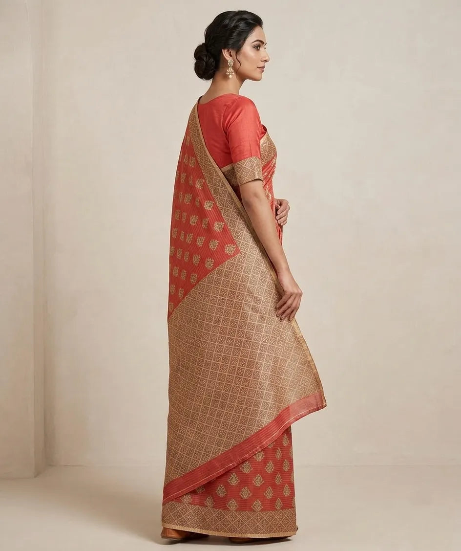 Red & Gold  Silk Blend  Woven Design Saree