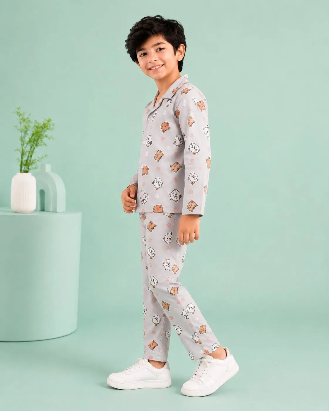Kids Boys Grey & Orange Cat Printed Satin Night Suit