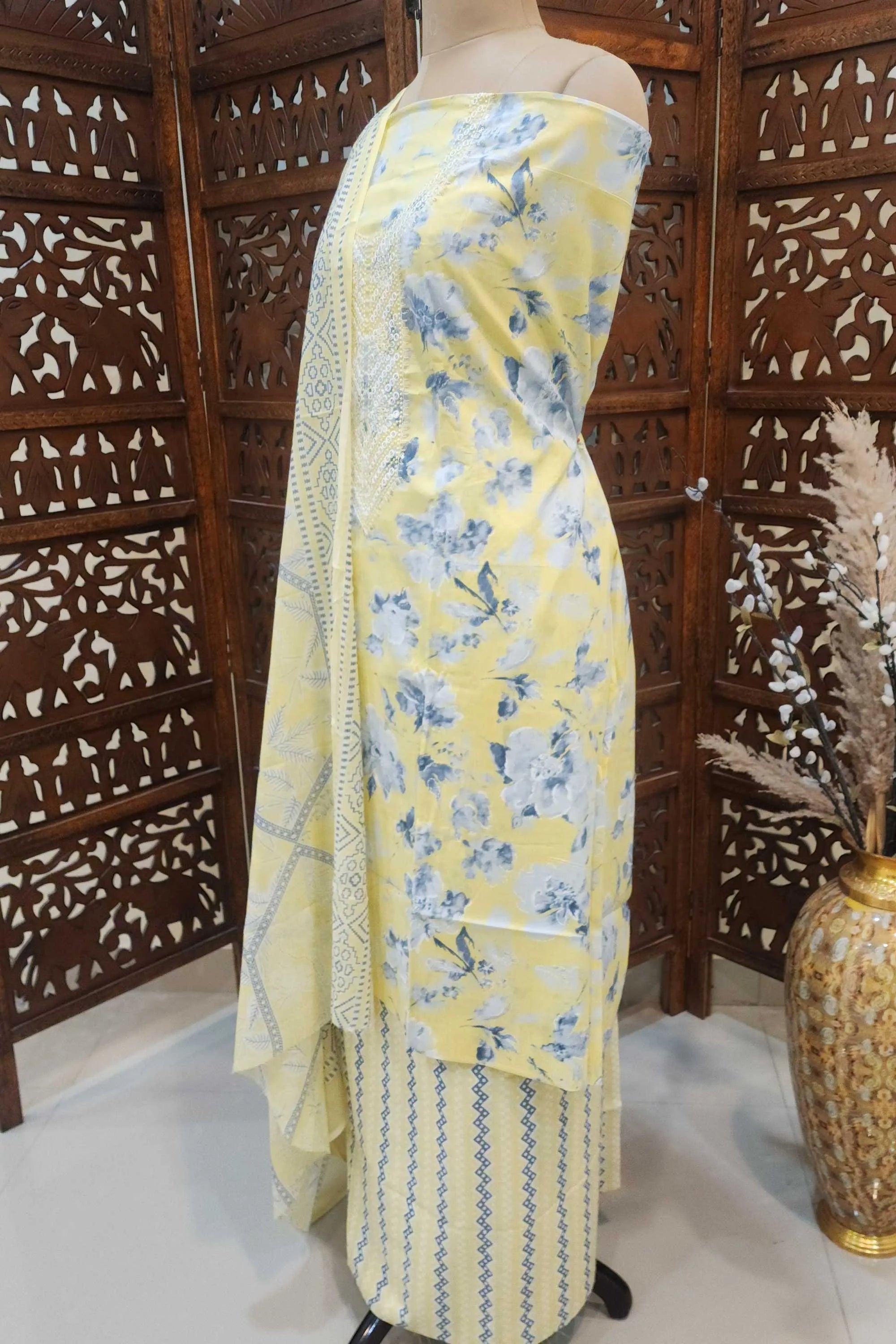 Floral Harmony Printed Cotton Blend Unstitched Dress Material with Embroidered Dupatta