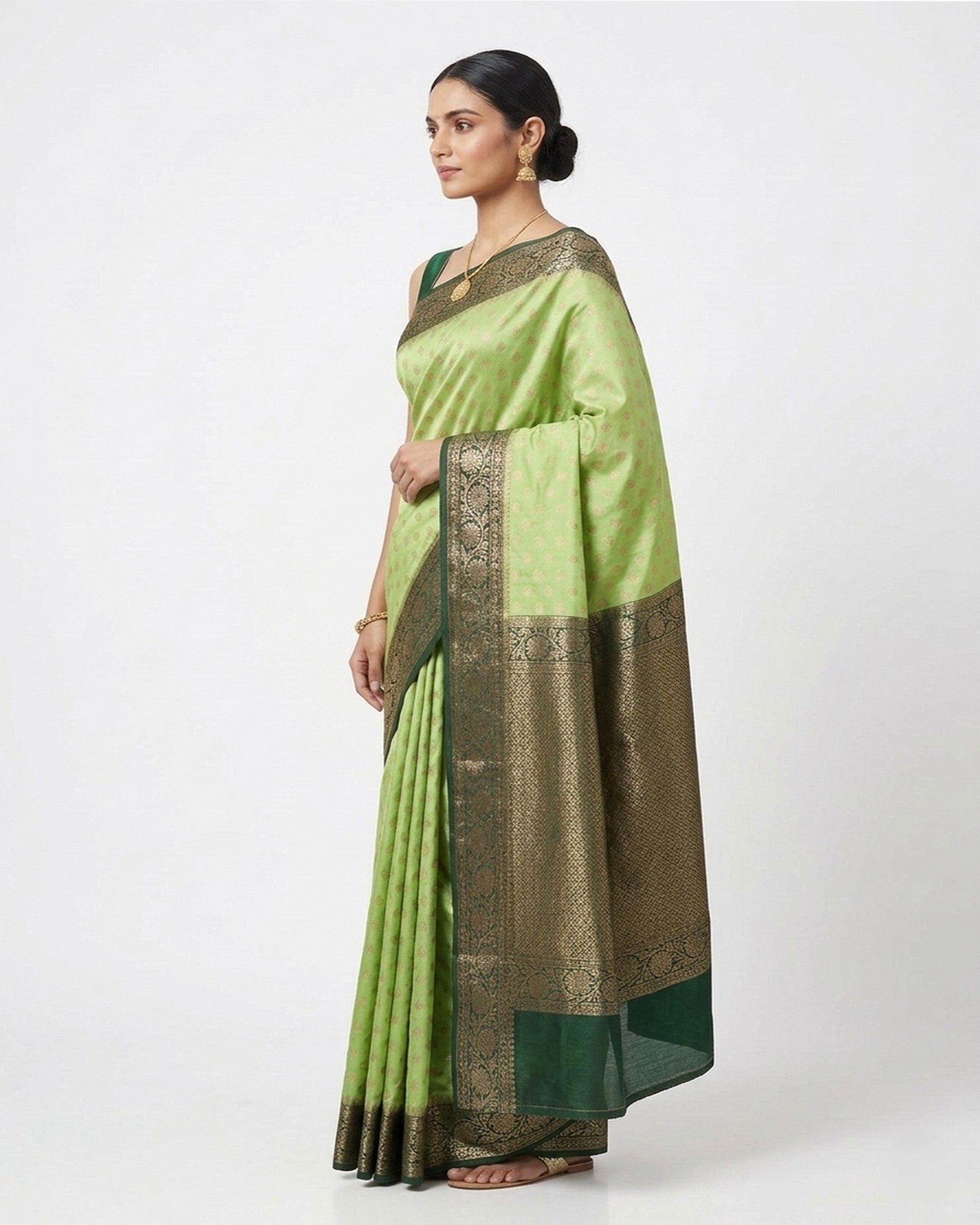 Women Lime Green & Bottle Green Silk Blend Banarasi Saree with Zari Work
