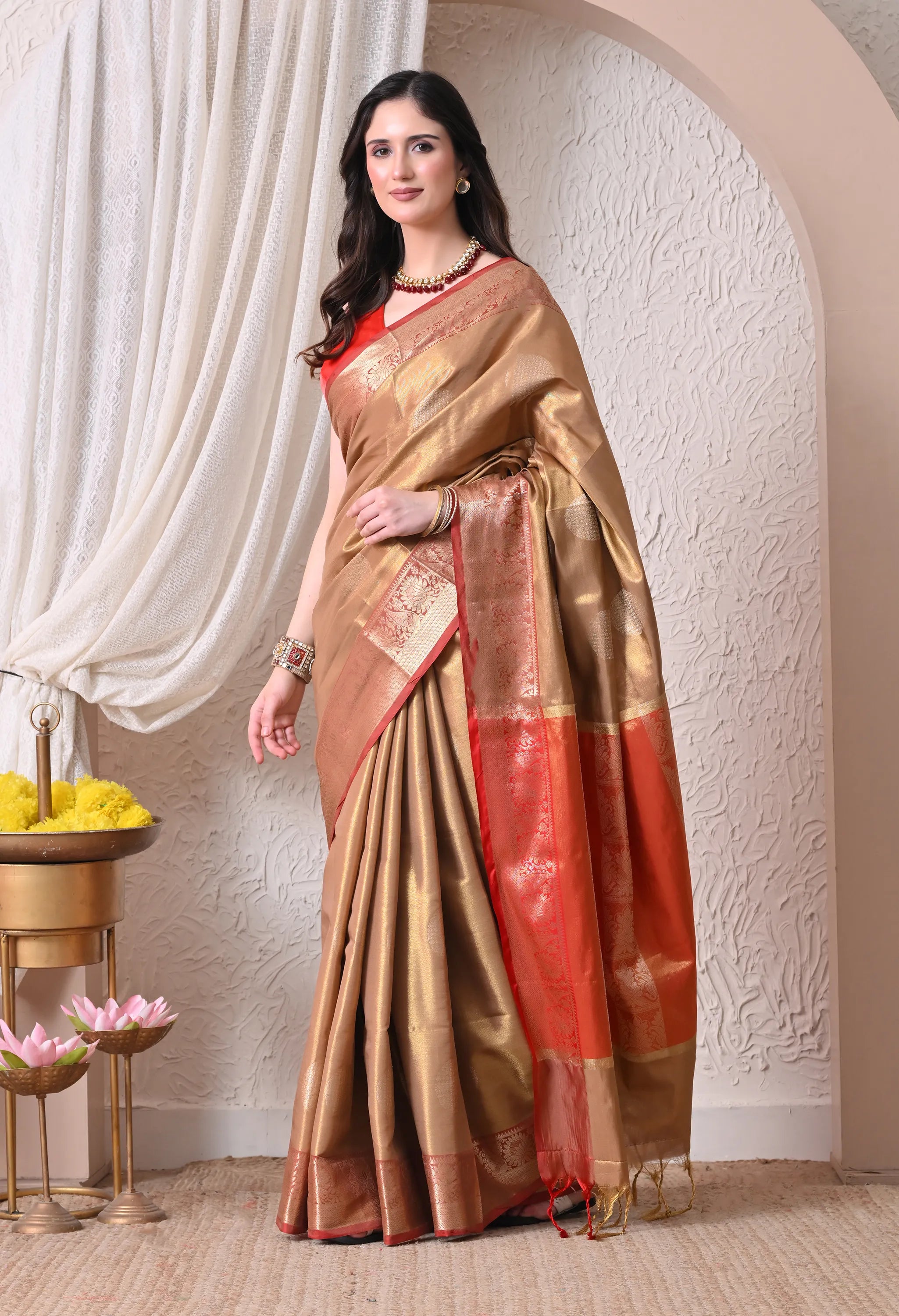 Silk Blend Saree in Metallic Gold & Crimson Red