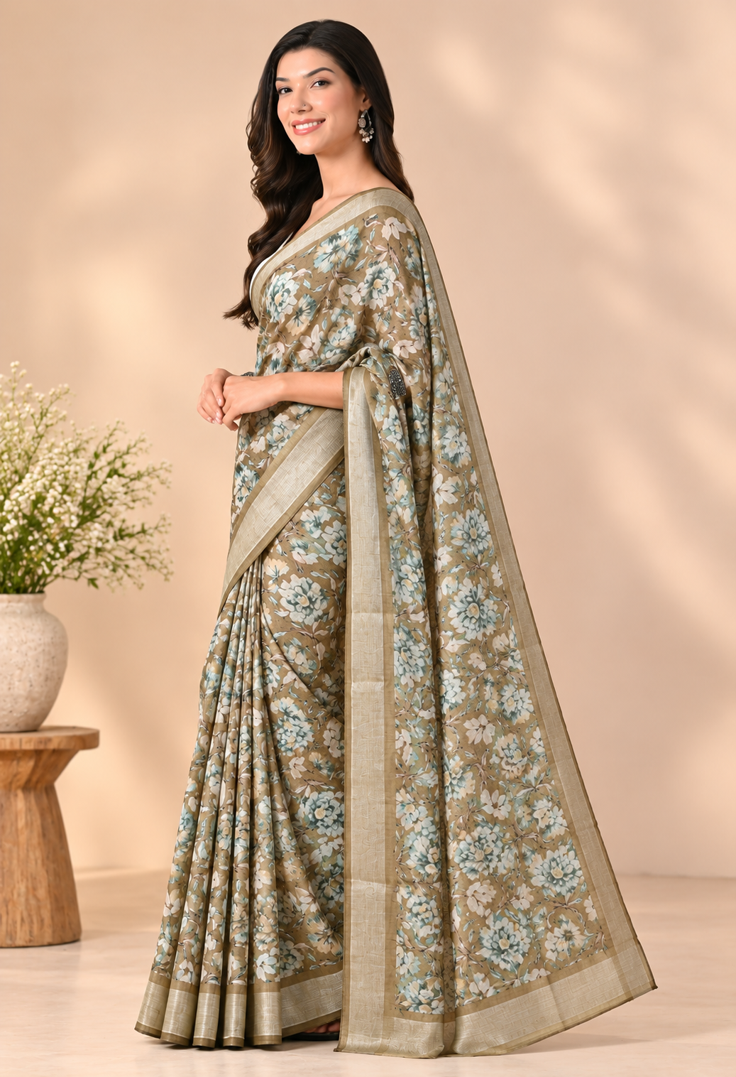 Elegant Olive Green Floral Printed Saree with Antique Gold Border