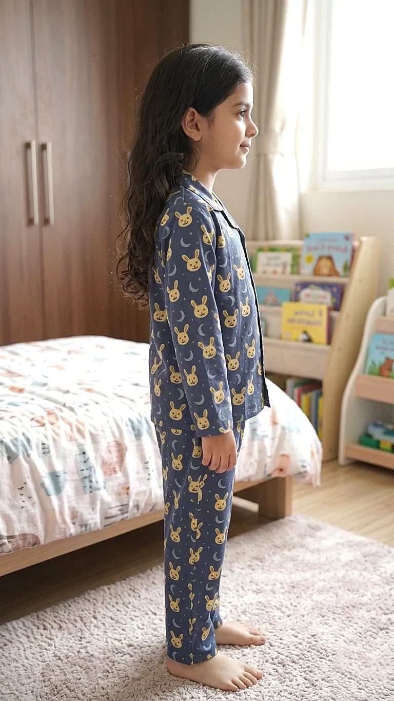 Kids' Pure Cotton Navy Blue Bunny & Moon Print Night Suit