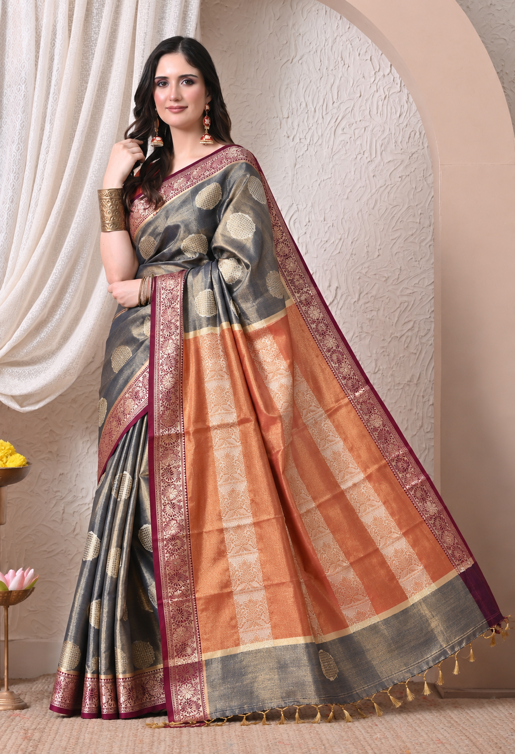 Grey & Maroon Woven Silk Blend Saree with Zari Motifs