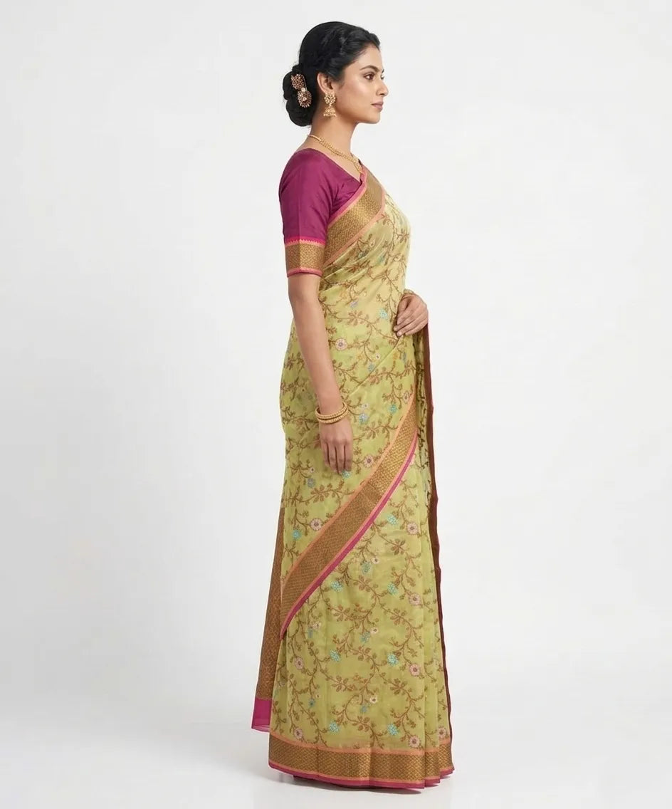 Olive Green & Magenta Floral Woven Design Silk Blend Saree