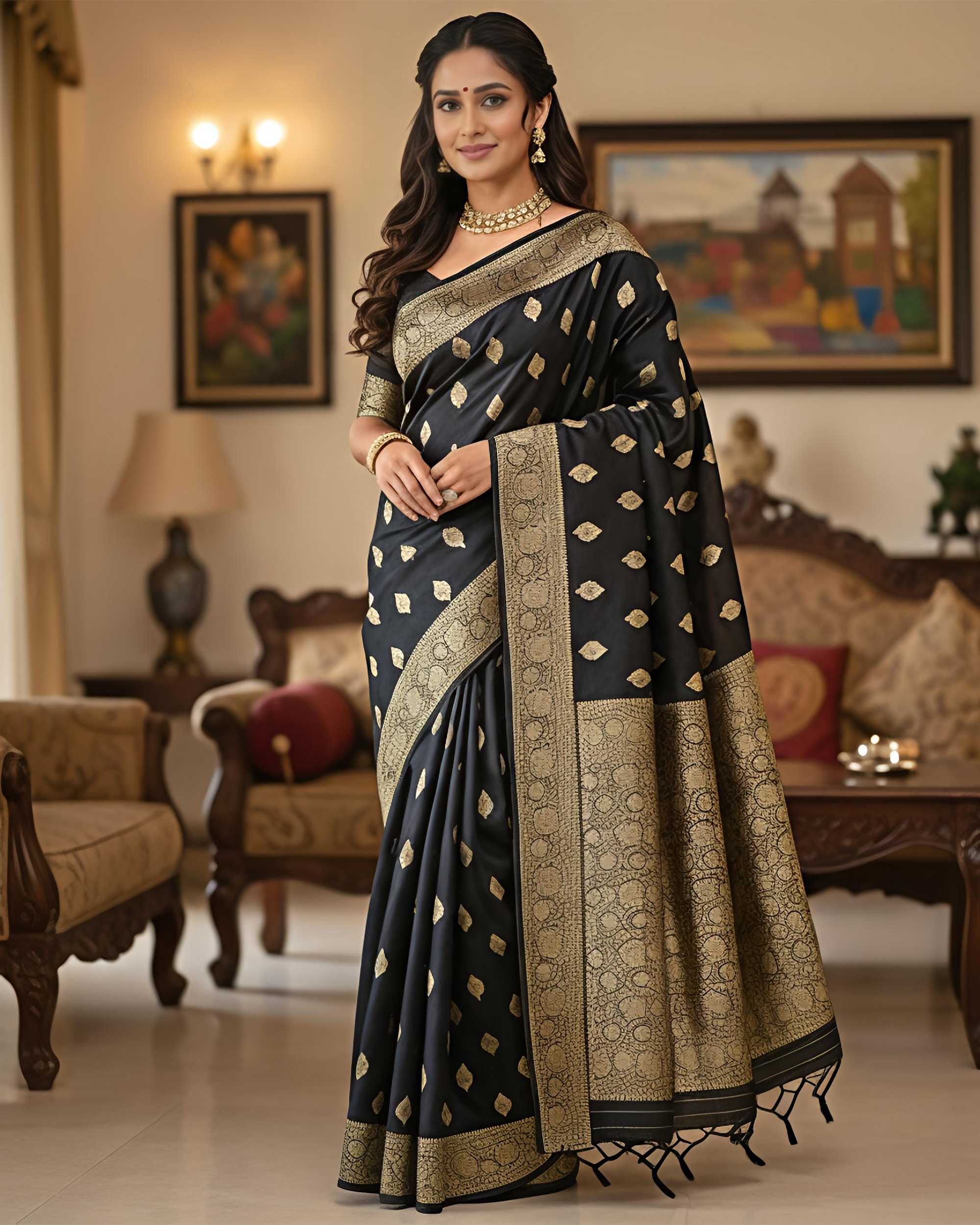 Black & Gold-Toned Zari Woven Banarasi Silk Blend Saree Includes Unstitched Blouse Piece