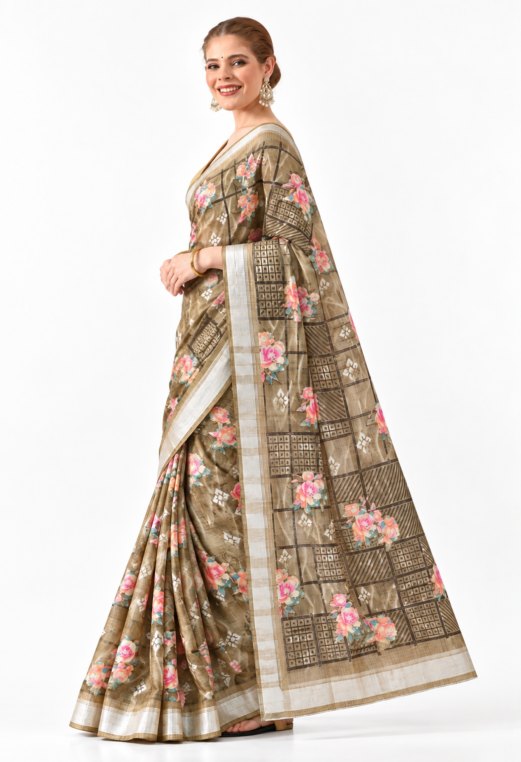 Elegant Olive Green Floral Printed Saree with Antique Gold Border