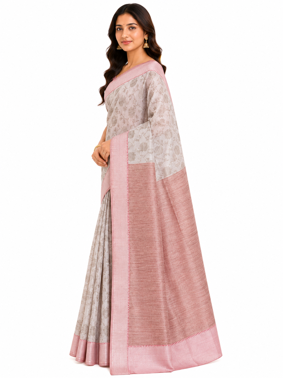 Off-White & Dusty Rose Floral Printed Art Silk Saree with Zari Border