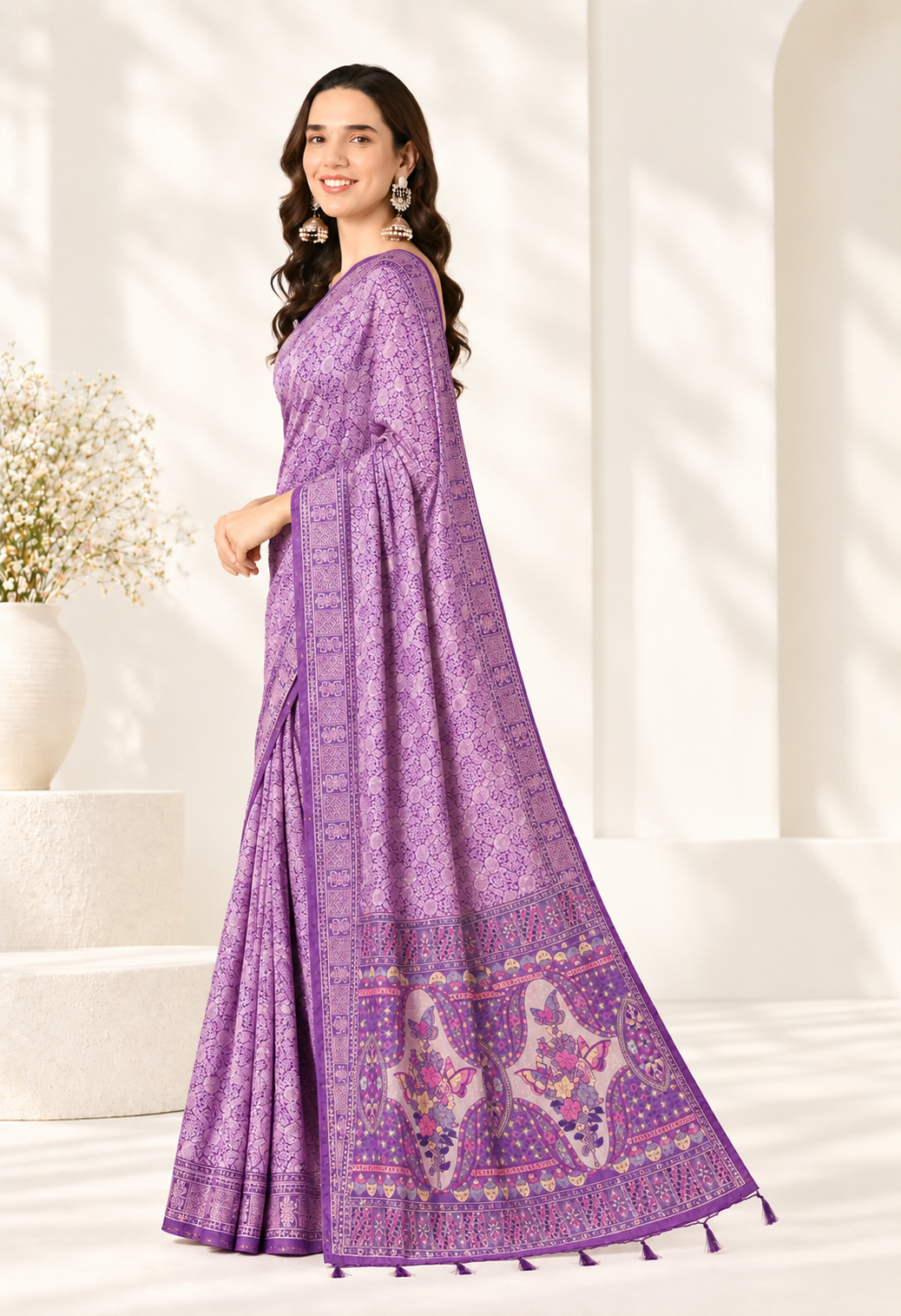 Elegant Purple Silk Blend Saree with Traditional Printed Pallu