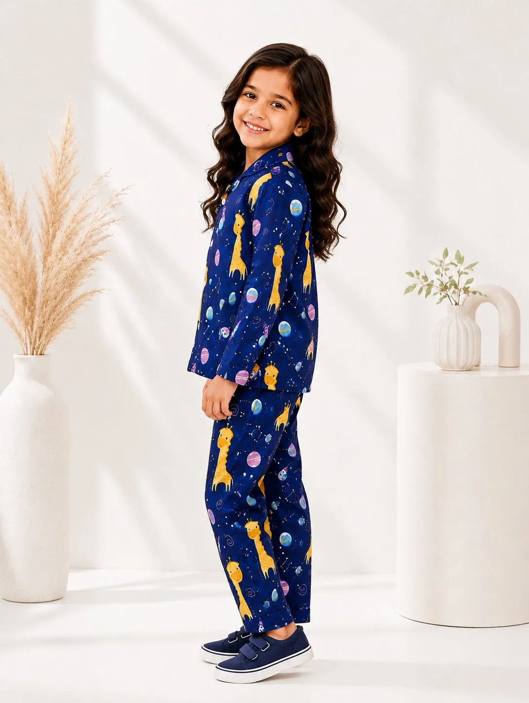 Kids Girls Navy Blue & Yellow Giraffes in Space Printed Night Suit
