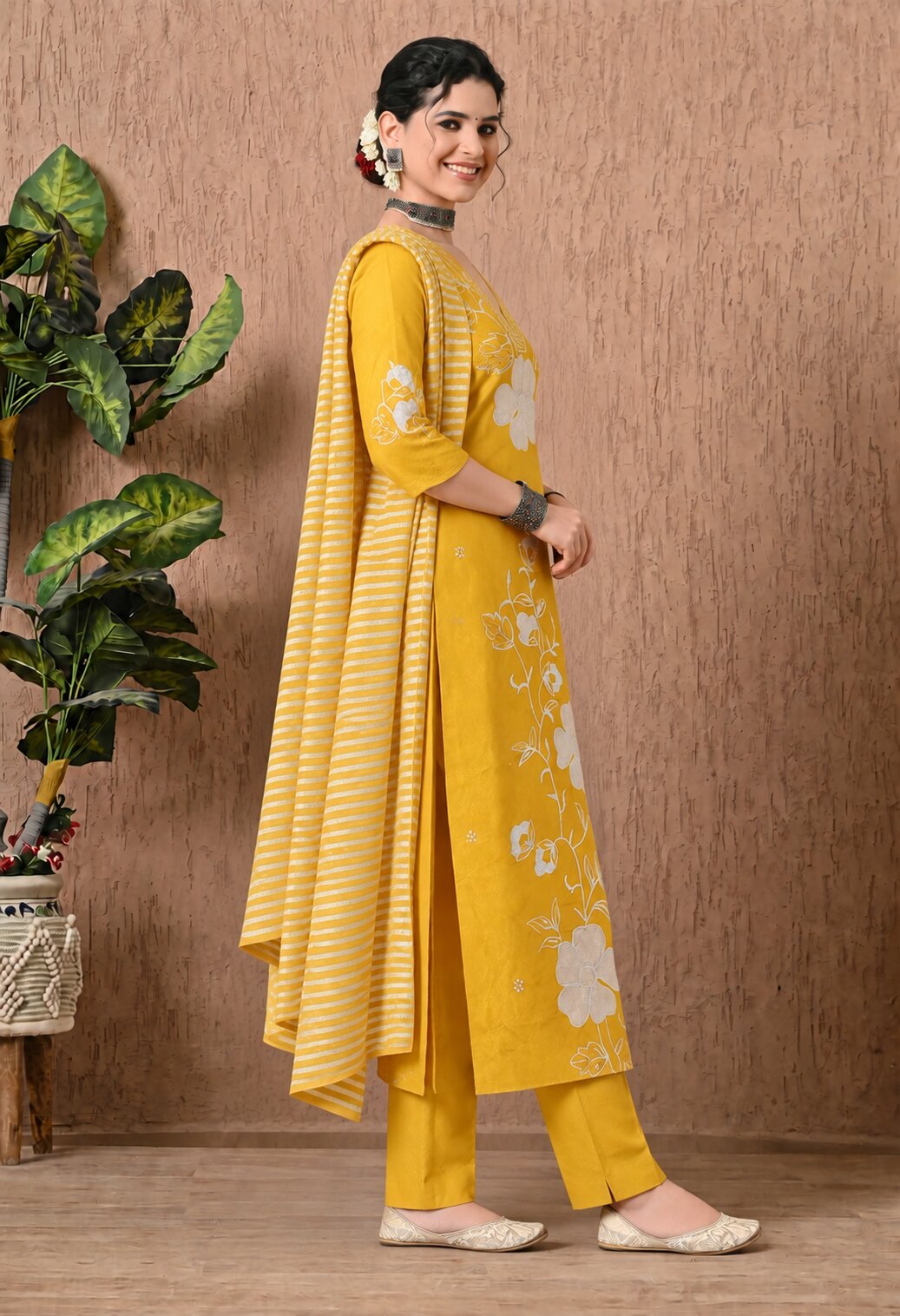 Mustard Yellow Chanderi Silk Floral Embroidered Suit Set with Organza Dupatta