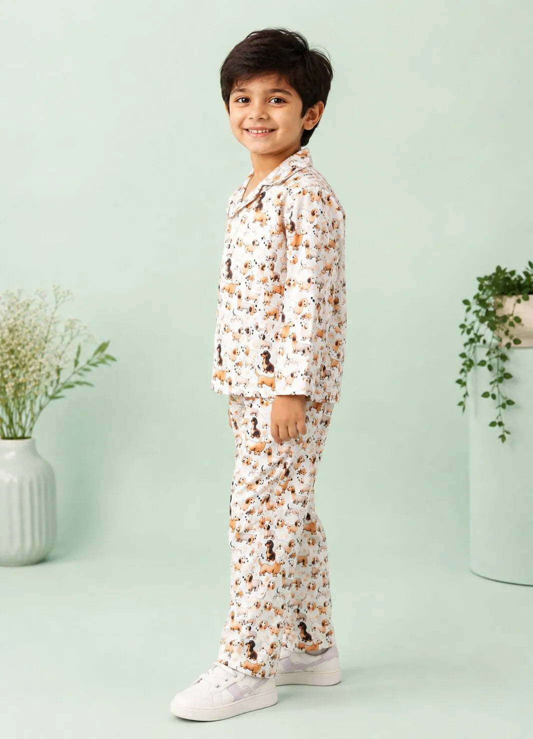 Kids' Satin Dog Print Night Suit Set – Cream