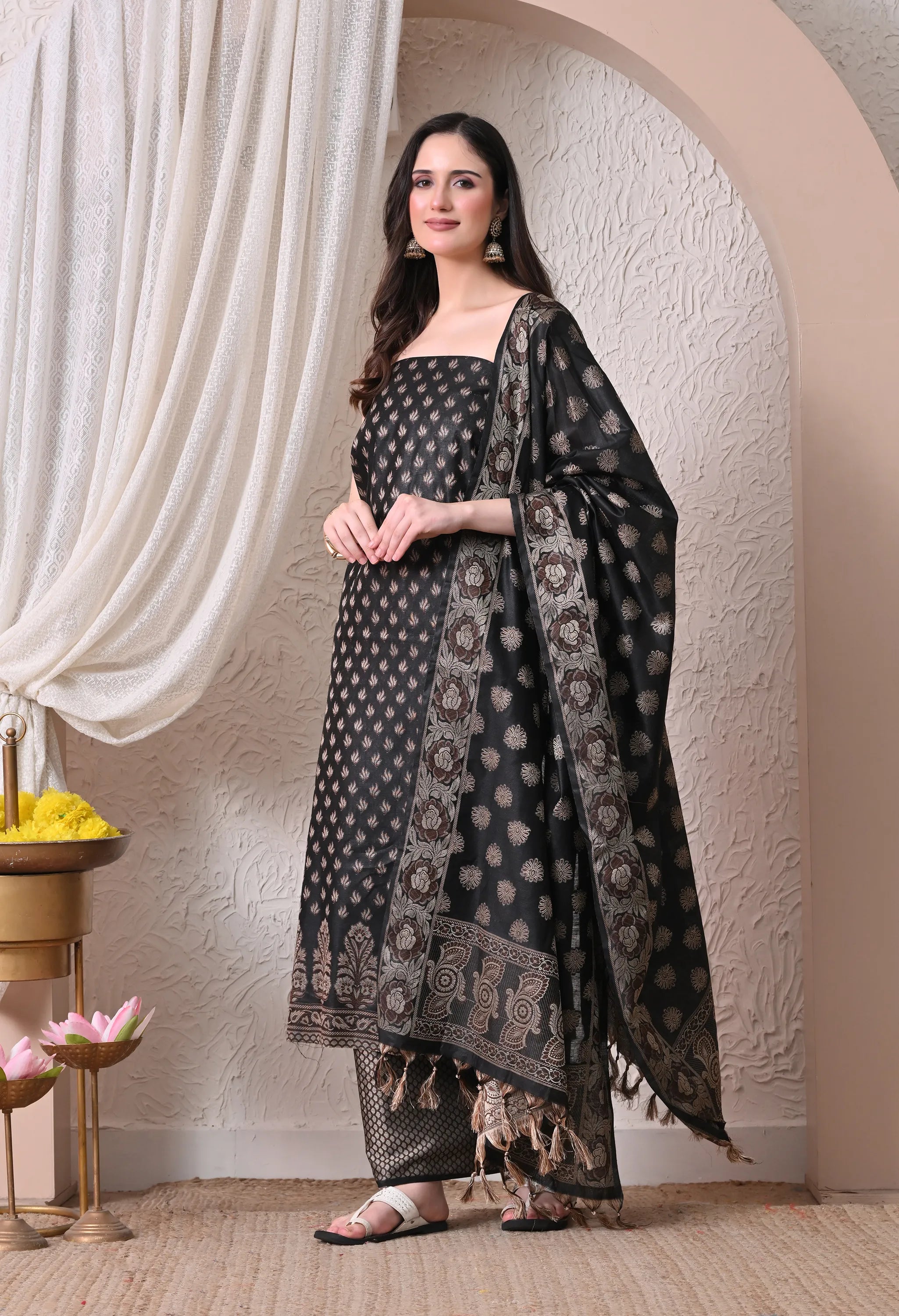 Elegant Black and Gold Woven Silk Unstitched Salwar Suit Material with Banarasi Style Dupatta