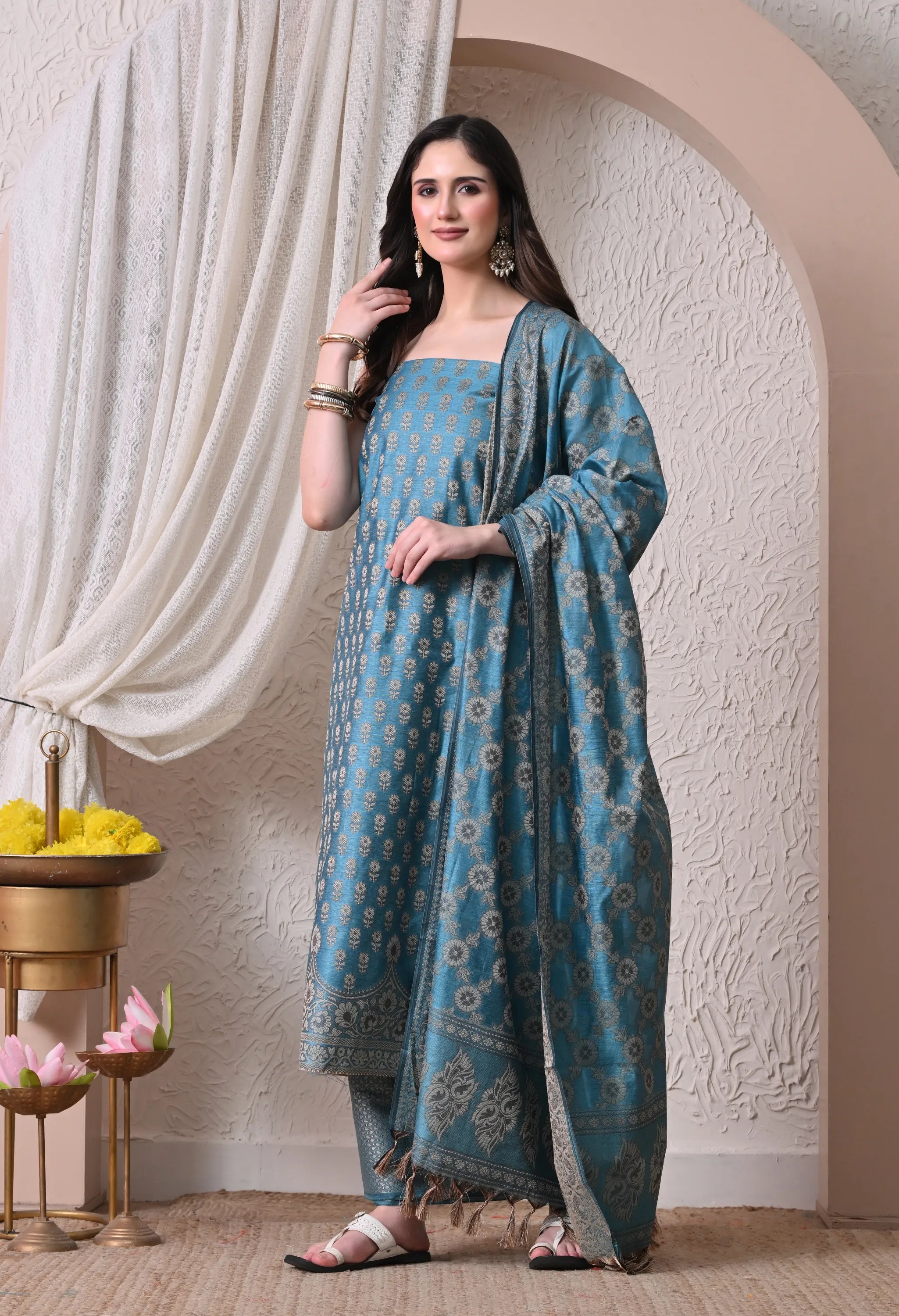 Elegant Teal Blue and Gold Woven Silk Unstitched Salwar Suit Material with Banarasi Style Dupatta