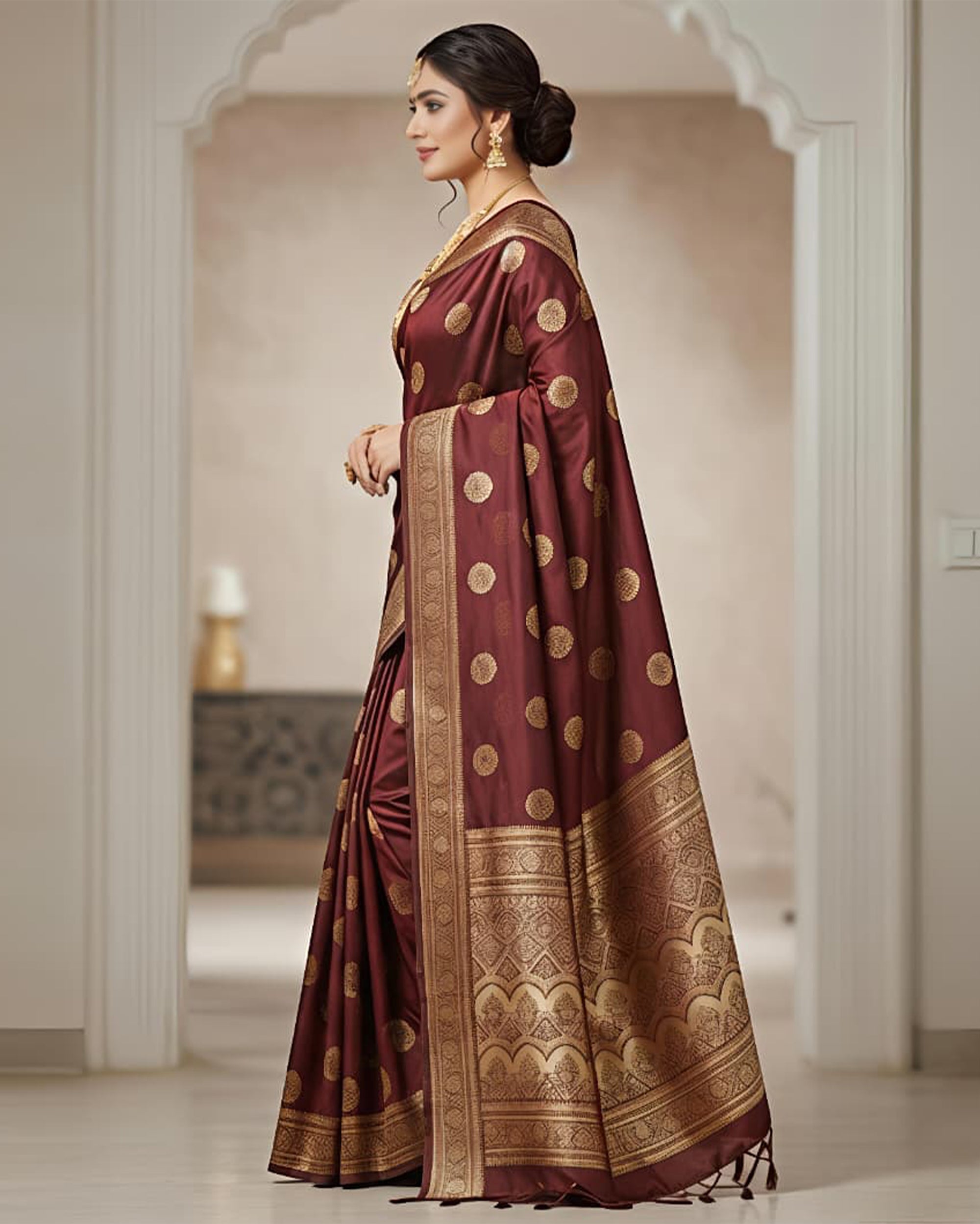 Maroon & Gold-Toned Art Silk Kanjeevaram Style Saree with Blouse Piece
